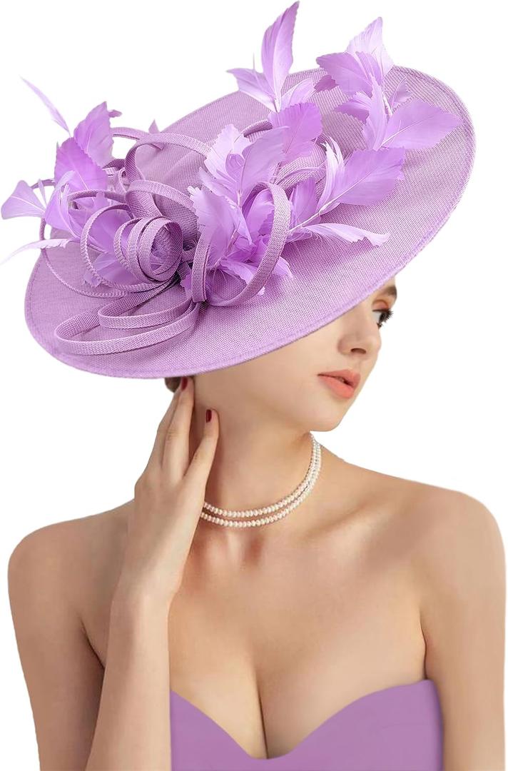 dressfan Fascinator Hats for Women,Linen Vintage Feather Headwear for Derby/Church/Wedding/Cocktail/Tea Party (Purple)