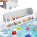 Splash Guard for Bathtub Kids,Toy Tray Caddy Holder Storage,Bath Toy Storage Bag,Guard for Bathtub with Mesh Bathtub Toys Storage,Super Adsorption - Extended Design for Splash Protection,Silicone,Gray
