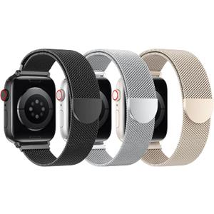 BELONGME 3 Pack Mesh Loop Compatible with Apple Watch Band Women Men 38mm 40mm 41mm 42mm 44mm 45mm 49mm Series Ultra SE 9 8 7 6 5 4 3 2 1, Stainless Steel Metal Strap Magnetic Clasp for iWatch Bands (Black+Silver+Starlight)
