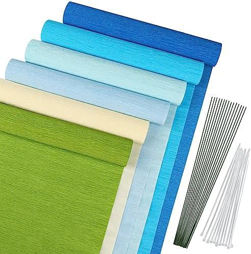 Crepe Paper Flowers, MicButty 6 Rolls Blue Crepe Paper Rolls with Floral Tape, Floral Iron Wire Paper Flowers for Crafts Wedding Festival Party Supplies DIY Flower Crafts