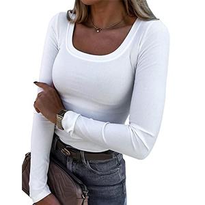 Roselux Womens Long Sleeve Scoop Neck Ribbed Knit Fitted Casual Tops Tee Slim Basic Shirts(3924,White-S)