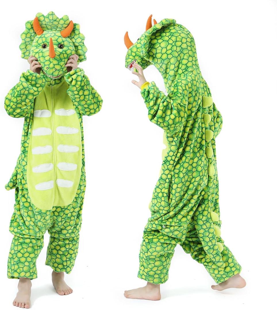 Kids Dinosaur Onesie Costume for Boys and Girls Green Triceratops Costume for Halloween Dress-up Party Cosplay(4-14Y) 4-6Y