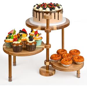 GEHE 3 Tier Round Cupcake Stand, 360 Rotatable Acacia Wood Cake Stand Cupcake Tower, Rustic Wooden Tiered Dessert Table Display Set, Tiered Tray Stands for Birthday, Wedding Party (12-10-8 IN)