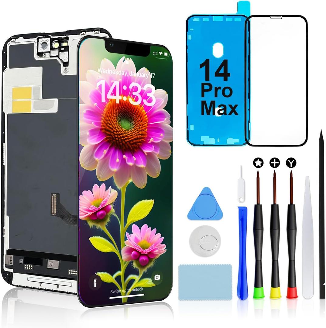 Brinonac for iPhone 14 Pro Max Screen Replacement Kit, 6.7" Full HD Retina LCD Display COF Touch Screen Digitizer Assembly Set with Repair Tools, Waterproof Adhesive, Tempered Glass
