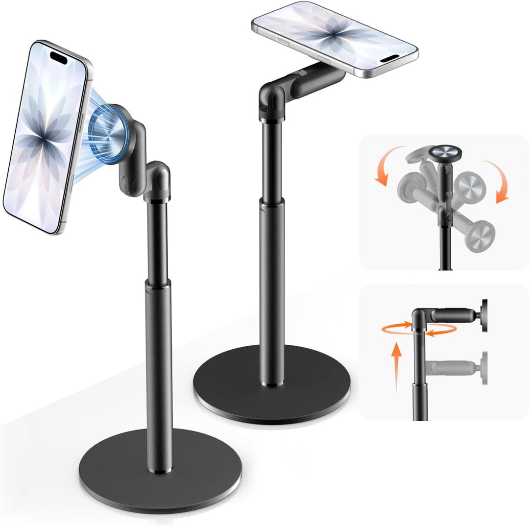 360 Rotating Magnetic Phone Stand for MagSafe, 2 in 1 Adjustable Tablet Stand & Cell Phone Stand, Aluminum Phone Holder for Desk, Compatible iPhone 17 16 15 14 13 12 Pro Max and IPad, Black