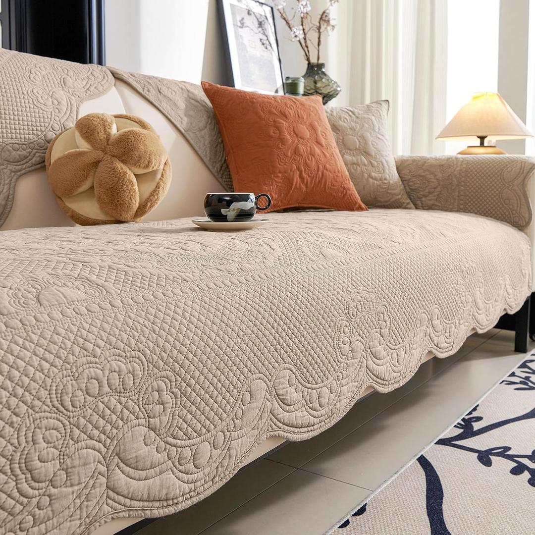 vctops Boho Cotton Quilted Couch Cover Soft Embroidered Sofa Cover Non-Slip Dog Bed Cover Scalloped Sofa Slipcover Washable Furniture Protector Cover (Khaki,36"x36")