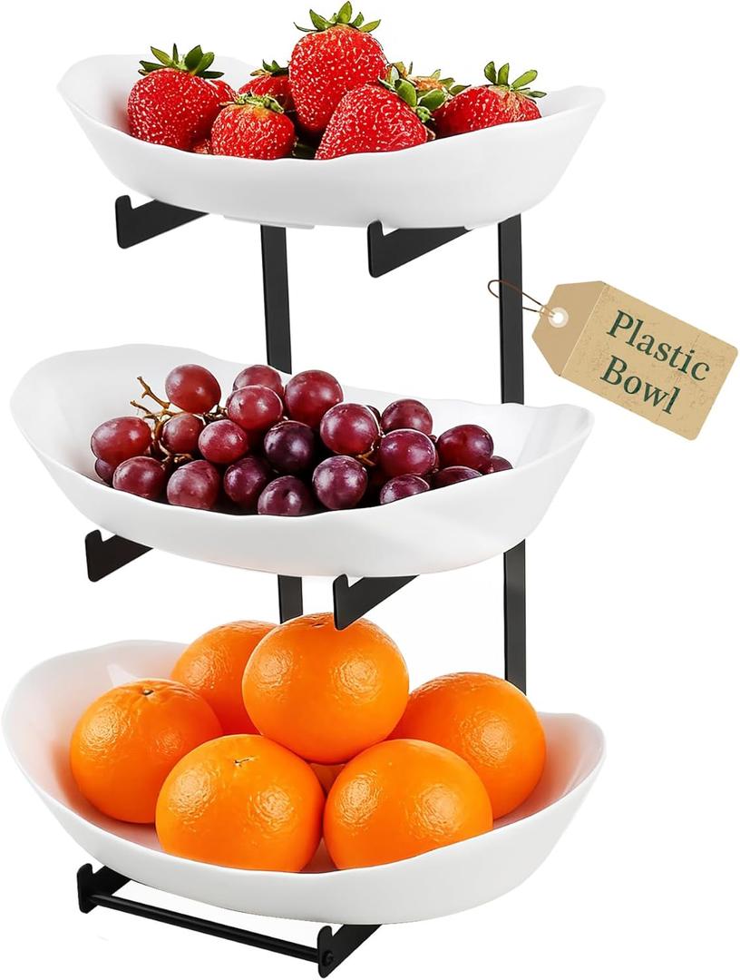 3 Tier Fruit Bowl for Kitchen Counter - Tiered White Fruit Stand, Easy to Assemble & Clean, Sturdy Plastic Fruit Storage Container for Fruits, Vegetables, Snacks, Elegant Serving Bowl for Home & Party