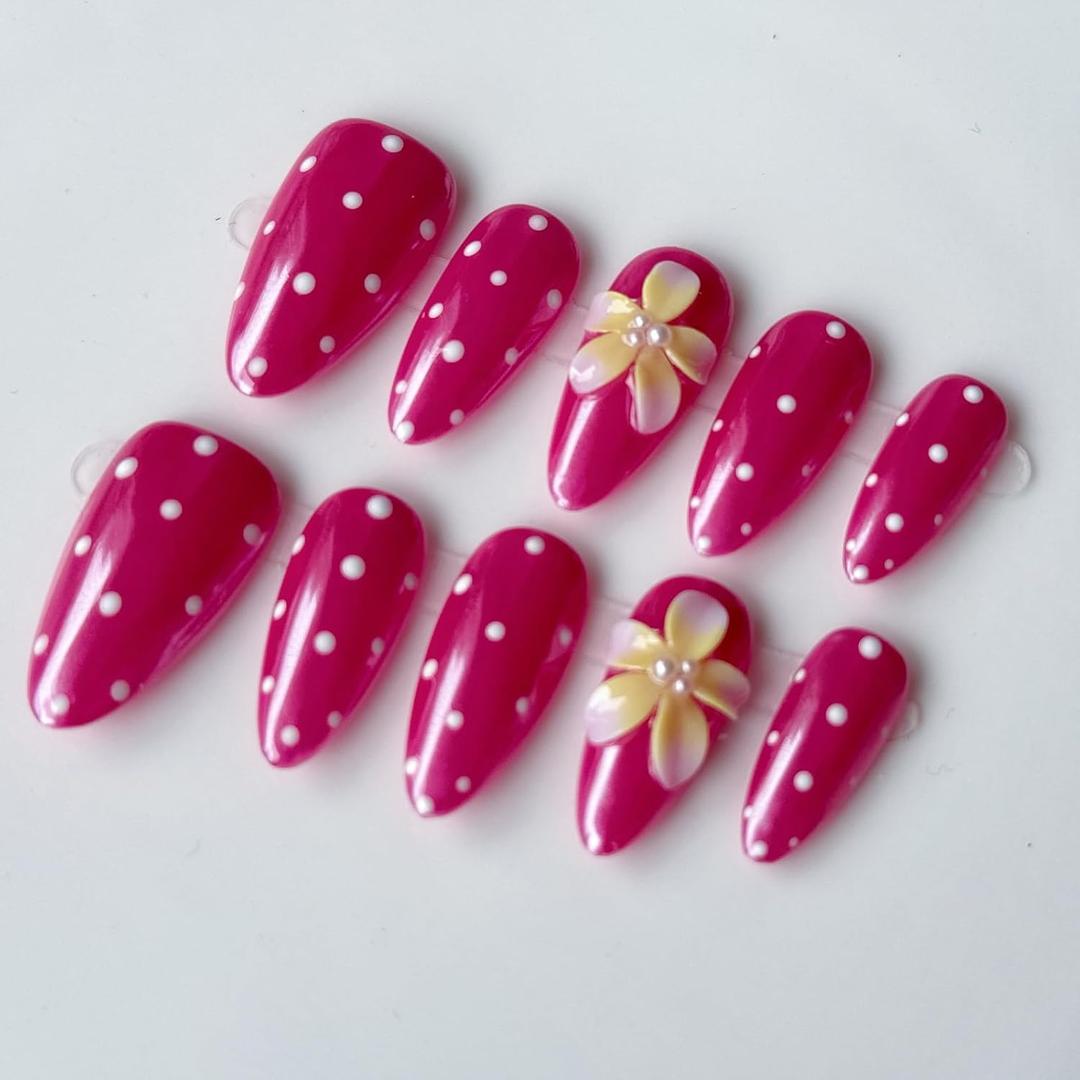 Luxury Magenta Handmade Press on Nails, Medium Almond Glossy Polka Dot Fake Nails with 3D Floral, Salon-Quality Reusable False Nails for Women (M Size, 10Pcs)
