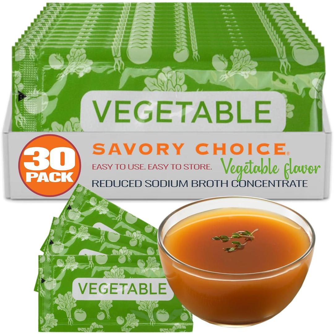 SAVORY CHOICE Reduced Sodium Vegetable Broth Concentrate, 30 Packets (9.6g) - Gluten-Free, Diary-Free, Vegan, Vegetarian Broth Concentrate EXP: 03-29-28
