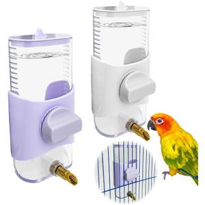 PINVNBY 2 PCS Automatic Bird Water Dispenser 9.47 Fl Oz Parakeet Water Dispenser for Cage Suspended Water Feeder Bird Cage Accessories for Budgie Lovebird Cockatiel Finch (White + Purple)