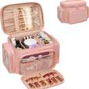 Large Makeup Bag, Portable Travel Makeup Bag Organizer for Women Girls with Makeup Brush Compartment & Two Side Pockets, Cosmetic Travel Bag Vertical Storage Toiletry - Pink (MEDIUM)