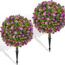 Artificial Purple Rose Topiary Ball Trees with Ground Spike Set of 2, Faux Boxwoods for Outdoor Planters, UV Resistant Artificial Outdoor Plants for Porch, Fake Bushes Round Shrub