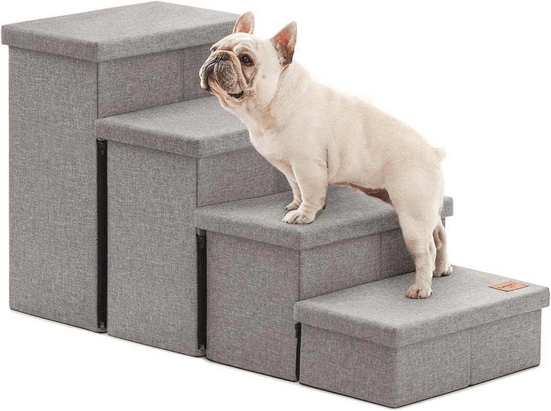 Love's cabin Dog Stairs for Small Medium or Large Dogs with Storage and Adjustable Steps, Foldable Cat Steps for Bed or Couch, 4-Step Gray Folding Ramp with Zip up to 200 lbs, Solid Grey (37.4"Dx17"Wx21.3"H)