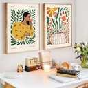 Kyiyhzp 2pcs Boho Floral Canvas Wall Art Black Girl Flowers Wall Decor Pictures Abstract Plant Prints Painting for gallery living room bedroom Wall Decoration 12x16in Poster