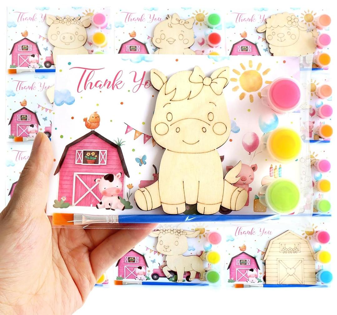 12 Pack Pink Farm Party Favors for Kids  Individually Wrapped Paint Your Own Wooden Magnet Craft Kits with Thank You Card, Barnyard Animal Birthday Supplies for Girls