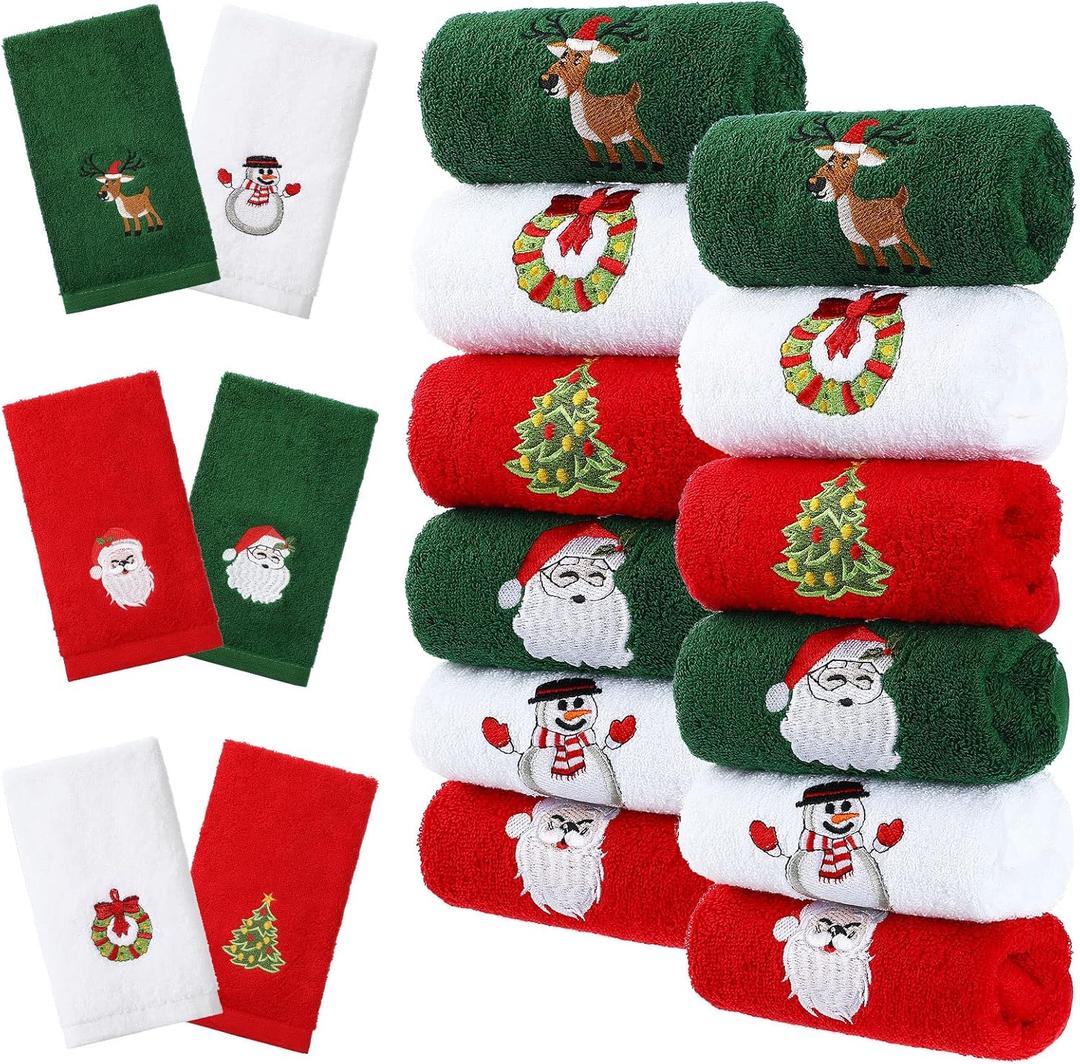 Macarrie 12 Pcs Christmas Hand Towels for Bathroom Kitchen Cotton Holiday Tea Towels Absorbent Red Green White Xmas Gifts Winter Decor, 13 x 18 Inch(Bright Color, Fresh Style)