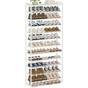 12 Tier Shoe Rack Organizer for 48-60 Pairs, Tall Metal Shoe Storage Shelf with Wood Top, Adjustable Boot Space, Narrow Design for Entryway Closet, White