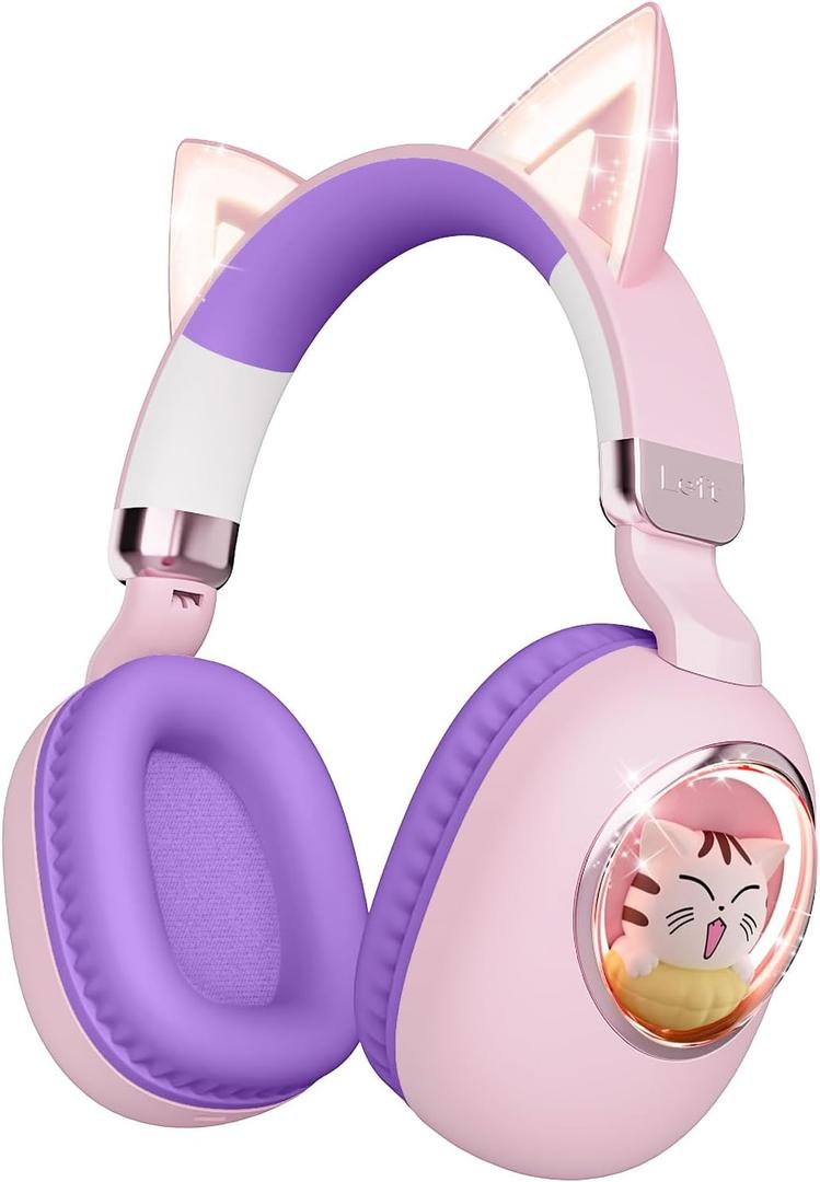 Kids Headphones Bluetooth 5.4 - Cat Ear LED Light Up Noise Cancelling Wireless Headphones with Mic, 85dB Volume Limited, Wired & Wireless Mode for Travel/School/iPad