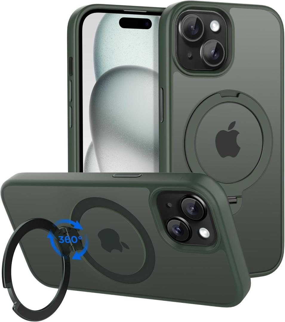 CACOE Magnetic Case for iPhone 15 6.1 inch with 360 Rotatable Ring Stand, Compatible with MagSafe Car Phone Mount, iPhone 15 Cases Cover Phone Holder for Desk Meeting/Videos Dark Green