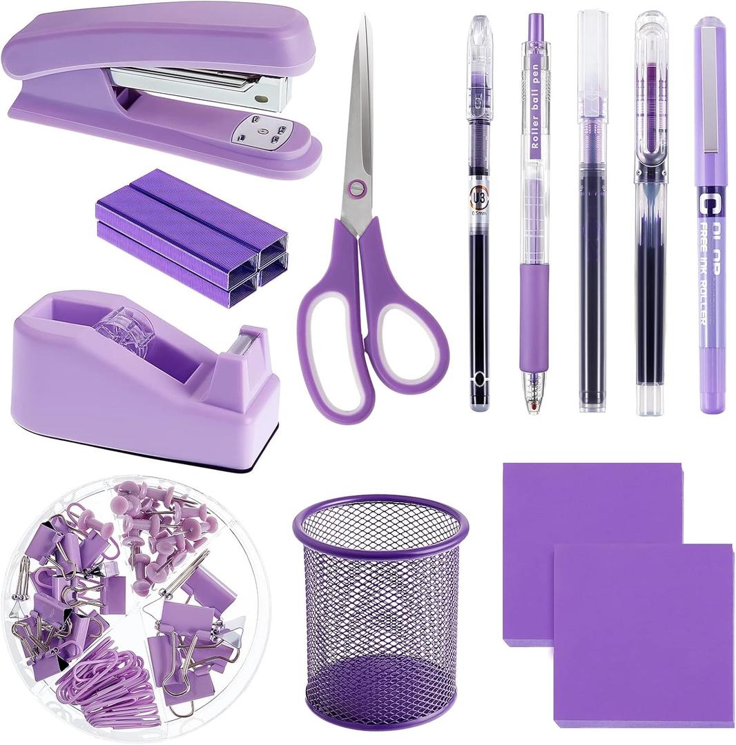 Gueevin 12 Pcs Purple Office Supplies Purple Desk Accessories Stapler with Staples Tape Dispenser Pen Holder Box of Paper Clips Pens Sticky Notes for Office Home