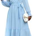 PRETTYGARDEN Women's Floral Boho Dress Fall Long Sleeve Wrap V Neck Ruffle Flowy Maxi Spring Wedding Guest Vacation Dresses (Solid Light Blue)