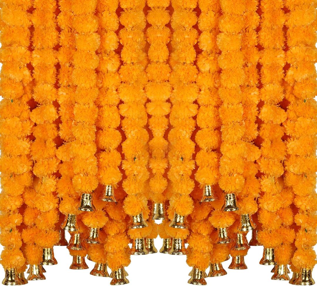 Marubhumi 5-PC Artificial Marigold Flower Garland – 4.5 Feet Long Strands with Bells | Mango Color | Diwali, Wedding, Home, and Christmas Décor
