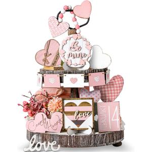 Marsui 19 Pcs Pastel Cottagecore Valentine's Day Tiered Tray Decor Set, Pink Pastel Wood Signs with Cute Be Mine Candy Hearts, Girly Valentines Table Decor for Home Kitchen Living Room