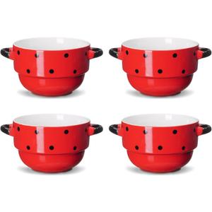 ECODECO 16 oz Ceramic Soup Bowls with Double Handles - Stackable Oven Safe - Red Polka Dot - Set of 4