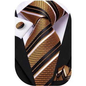 Hi-Tie Silk Ties for Men Plaid Paisley Striped Necktie Pocket Square Cufflinks Set Formal Business (Black)