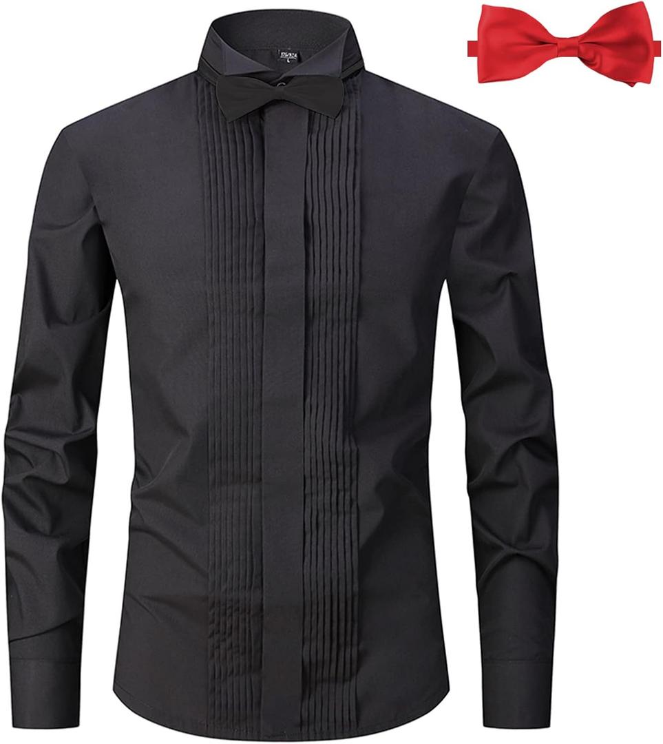Men's Tuxedo Dress Shirt Wing Collar Front Pleat French Cuffs with 2 Bow Ties Button Down Shirts (Black, L)