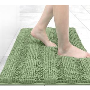 Grandaily Chenille Striped Bathroom Rugs 24x16, Extra Thick and Absorbent Bath Rugs, Non-Slip Soft Plush Shaggy Bath Carpet, Machine Wash Dry, Bath Mats for Bathroom, Sage Green (24" x 16")