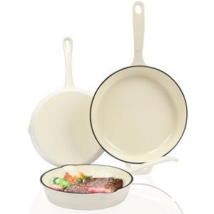 Hisencn Enameled Cast Iron Skillet Set - 3-Piece Fry Pans (8",9.5",11"), PFAS/PTFE/PFOA-Free, Oven & Induction Safe, Cream White Cookware for Gas, Electric, Ceramic Stovetops​