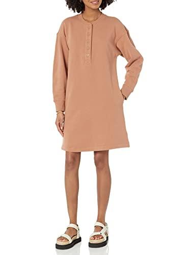 Amazon Essentials Women's Long Sleeve Knit Henley Sweatshirt Dress , Light Brown, Large