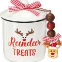 Nefelibata Christmas Reindeer Treats Ceramic Canister Tiered Tray Decor Xmas Mini Candy Jar Bowl Candy Holder with Buffalo Plaid Bowknot Wooden Beads Home Table Centerpiece Decoration Supplies