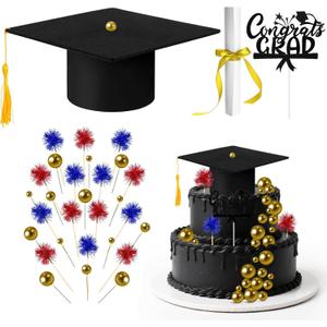 32PCS Graduation Cake Decorations Kit for Class of 2025 Felt Tassel Cap, Firework Cupcake Toppers, Diploma, Balls, Black Theme Graduation Party Supplies for Grads (Black)