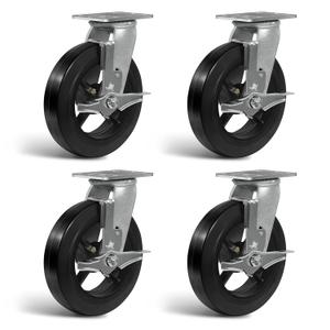 Caster Wheels, 8" Heavy Duty Industrial Casters, No Noise Rubber Wheel on Cast Iron, Set of 4 Swivel Casters with Brake (4 Pack Brake)