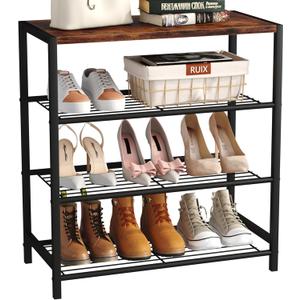 Yusong Shoe Rack Organizer, 4 Tier Industrial Shoe Storage Shelf, Narrow Sturdy Metal Shoe Shelves for Closet Entryway, Rustic Brown