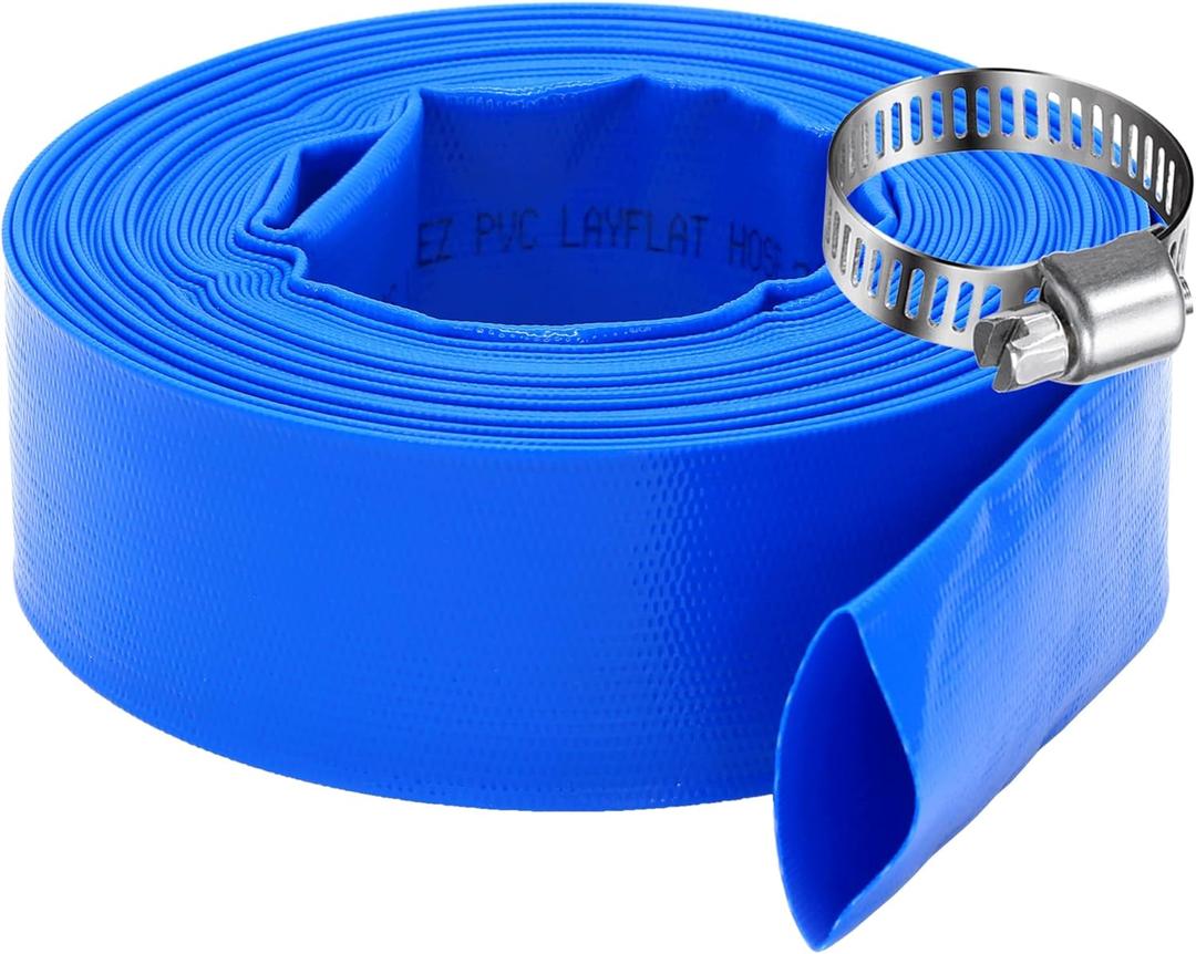 DAVCO 2.5" x 25 ft Pool Backwash Hose, Heavy Duty Reinforced Blue PVC Lay Flat Water Discharge Pump Hoses For Swimming Drain Pools and Clean Filters,with 1 Clamp