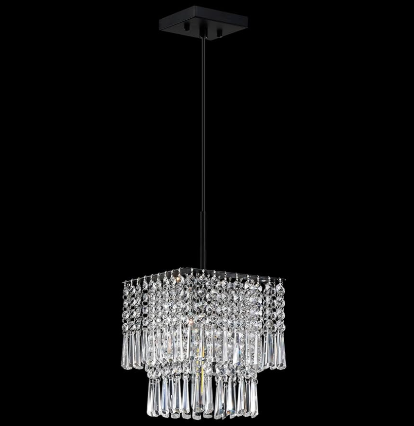 4 Light Hanging Modern Kitchen Island Square 12" Crystal Shade Pendant Light Fixture,Black Finish for Bar,Dining Room,Corridor,Living Room Over Sink