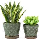 Docrin Dark Green Ceramic Planter Set - 6.6"+5.5" Indoor Outdoor Pots with Drainage Holes & Saucers for Home Office Decor