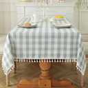 Laolitou Spring Checkered Tablecloth Rectangle Washable Buffalo Plaid Table Cloth with Tassel Cotton Linen Gingham Table Cover for Picnic Kitchen Dining Room, Blue, 102 Inch