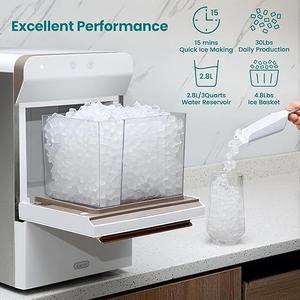 Gevi Household V2.0 Countertop Gemi Nugget Ice Maker | Self-Cleaning Pellet Ice Machine | Open and Pour Water Refill | Stainless Steel Housing | Fit Under Wall Cabinet | White