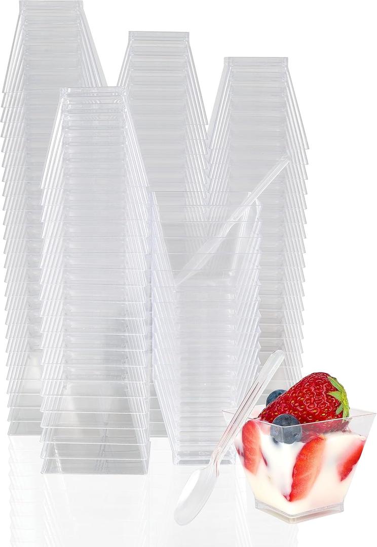 100 Pack 3 oz Square Mini Dessert Cups and Spoons - Clear Shooter Cups for Parfait, Appetizer, Pudding - Small Plastic Cups for Party