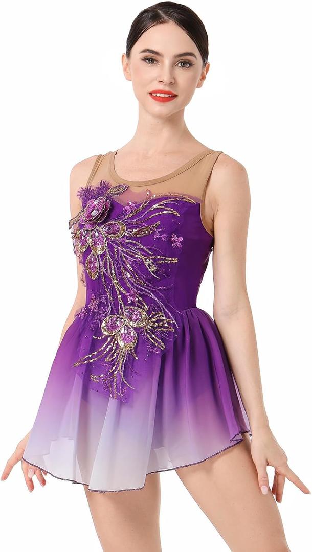AFAVOM Women Figure Skating Dress Sequin Flower Mesh Ice Skating Dress Ballet Lyrical Dance Leotards for Competition Costume (Small, Purple)