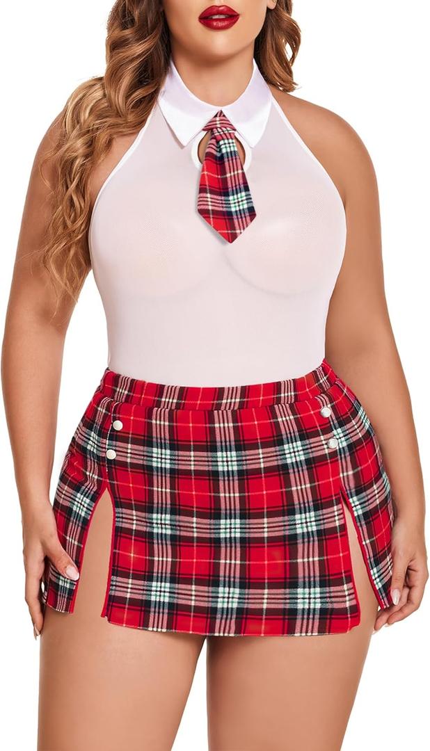 Avidlove Plus Size School Girl Lingerie for Women 2 Piece Lingerie Sets Sexy Cosplay Costume 4XL (B-white Red)