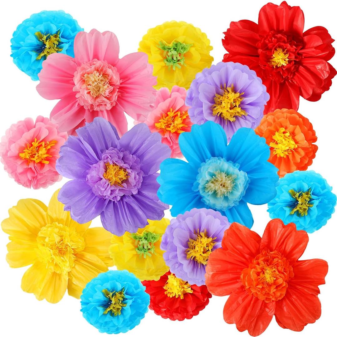 Crowye 12 Pcs Large Colorful Tissue Paper Flowers 20" Handcrafted Giant Fiesta Paper Flowers for Mexican Party Wedding Birthday Backdrop Baby Shower Nursery Craft Outdoor Wall Decor (Cute Color)