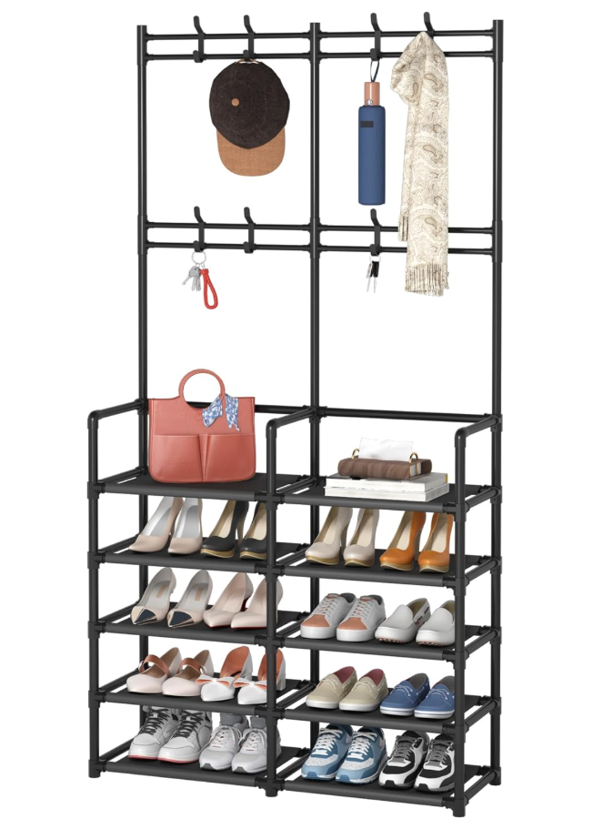 Laiensia 5Tier Entryway Coat Rack, Coat and Shoe Rack, Entryway Bench Storage Organizer with 8 Hooks for Bedroom, Hallway, Office, Black