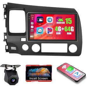 4+64GB Android 15 Car Radio for Honda Civic 2006-2011 Wireless Carplay Android Auto, 9 Inches 1280 * 720P in-Cell Touch Screen with WiFi, Bluetooth5.0, GPS, FM/RDS, EQ + Backup Camera + Mic