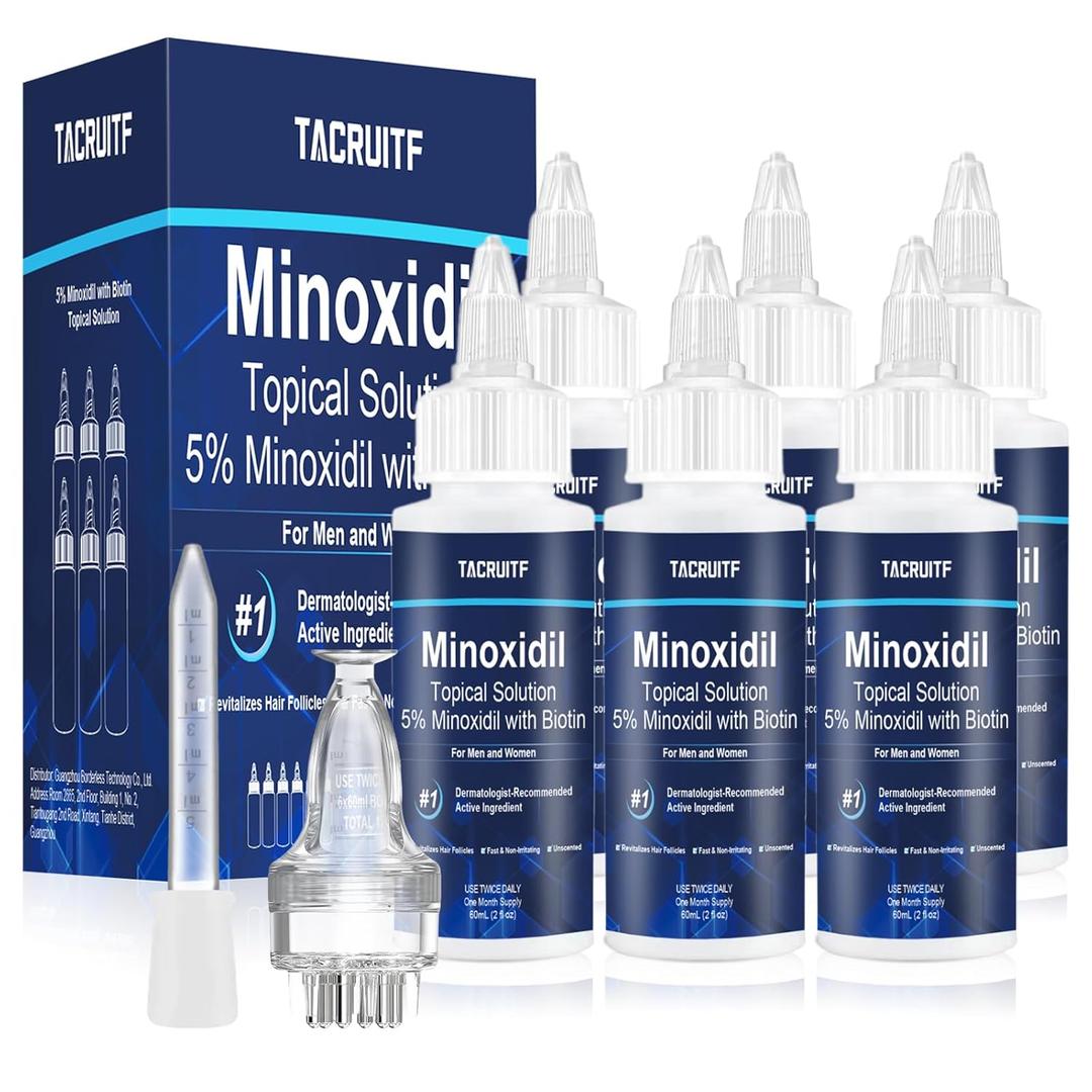 6 Pack 5% Minoxidil with Biotin, Hair Growth Treatment, Minoxidil Hair and Beard Growth Serum, Minoxidil for Men and Women, Supports Thicker and Fuller Hair & Beard (12 fl oz, 6 Month Supply)