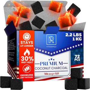 Premium Coconut Charcoal Cubes - Coconut Coals XL Pack of 72 Count & 1 KG (2.2 lbs)  Premium Quality 25mm (1x1x1 in)  100% Natural Coconut Charcoal Cubes  NOT Quick Light - Pack of 1